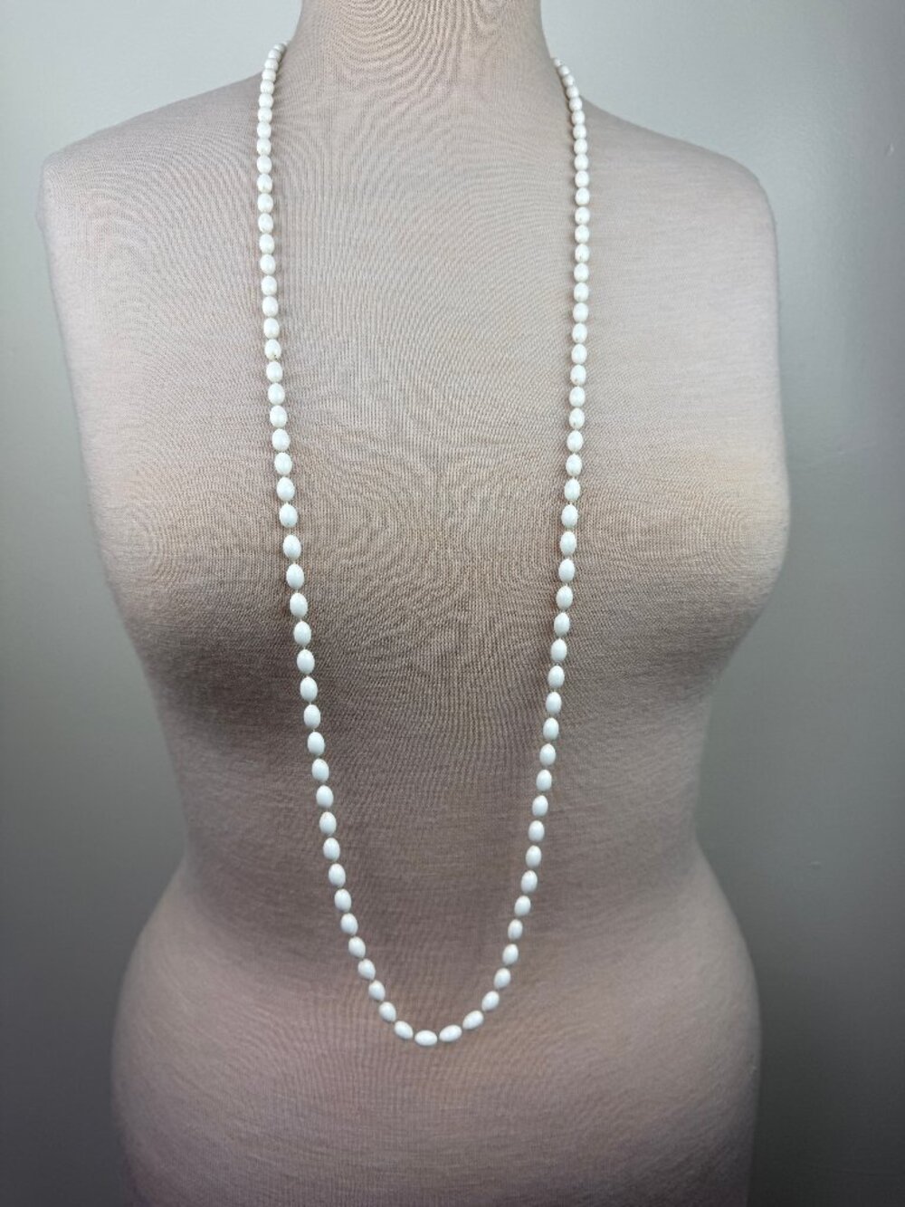 Vintage White Plastic Oval Knotted Beaded Necklace  49"